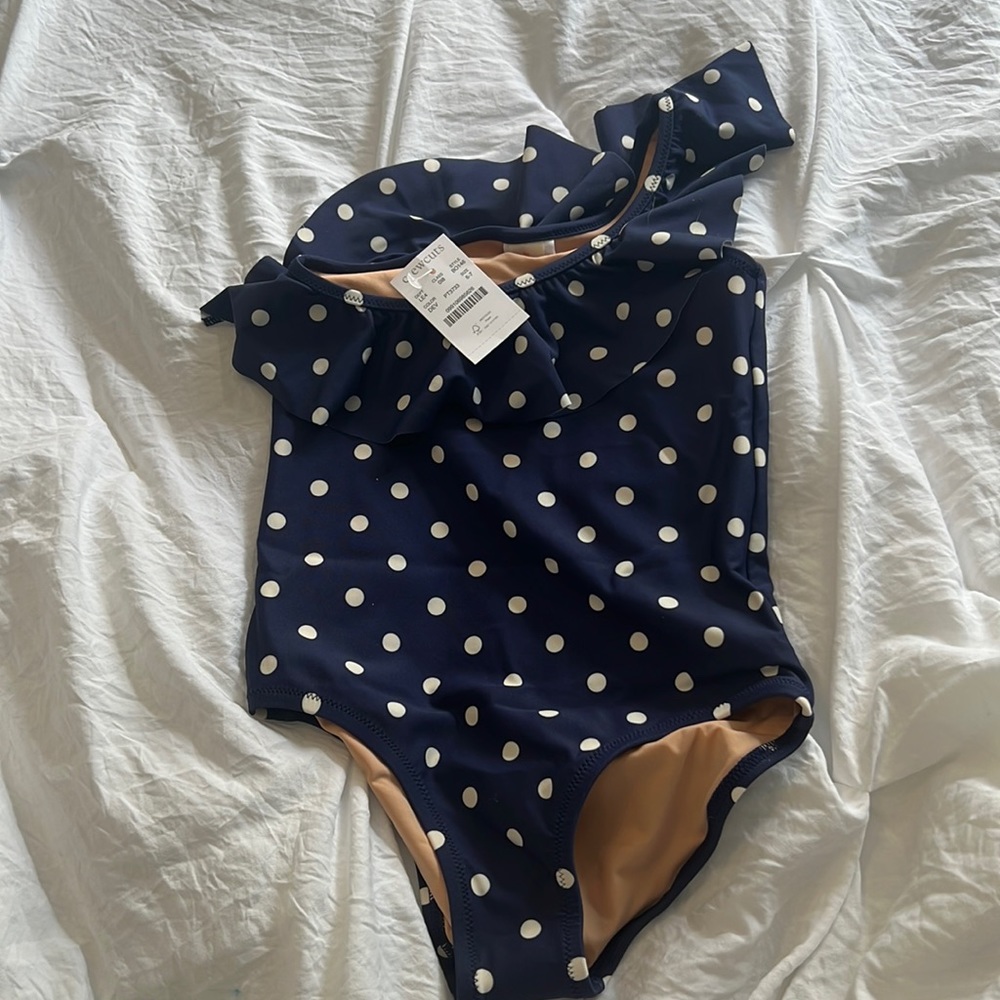 NWT J. Crew Crewcuts one shoulder bathing suit, navy with polka dots, size 6-7
